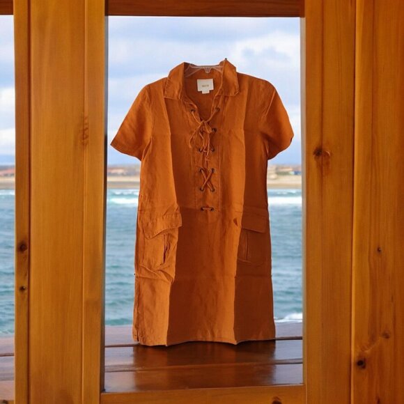 Anthropologie Maeve Dress 100% Linen Lace Up Front Pockets Size 0 Fall - Picture 16 of 16
